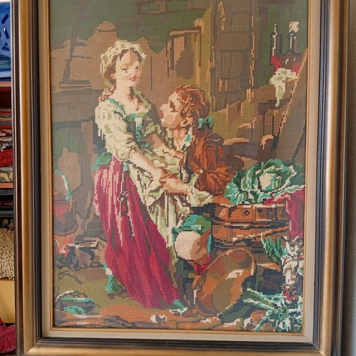 Handmade embroidery painting in solid wood frame with glass