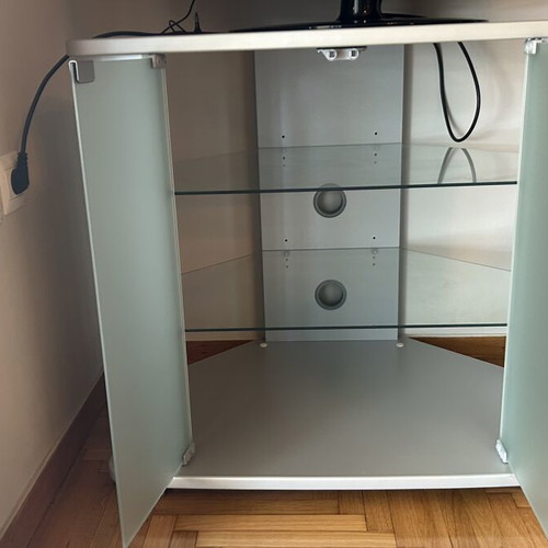 TV cabinet with LG TV, white, glass doors and shelves