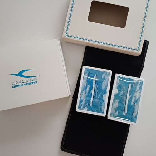 Kuwait Airways First Class Collectible Set with 2 Sealed Boeing 747 Playing Cards in Leather Case
