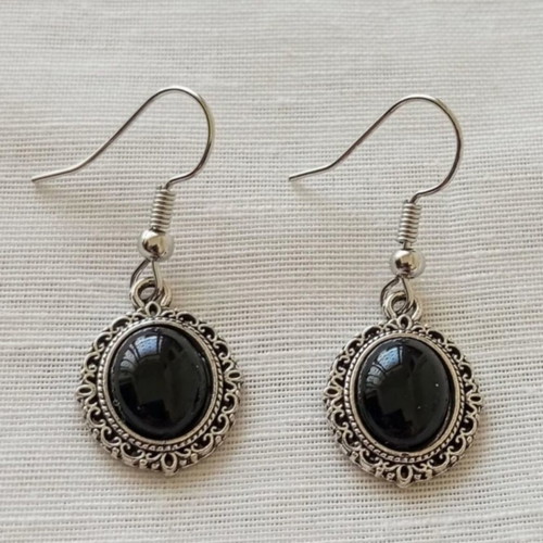 Gothic Victorian οβάλ σκουλαρίκια καινούργια, μαύρα και ασημί