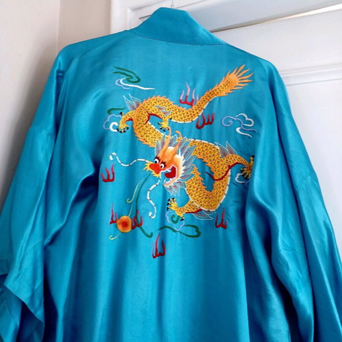 Women's satin silk robe new, blue, one size with embroidery