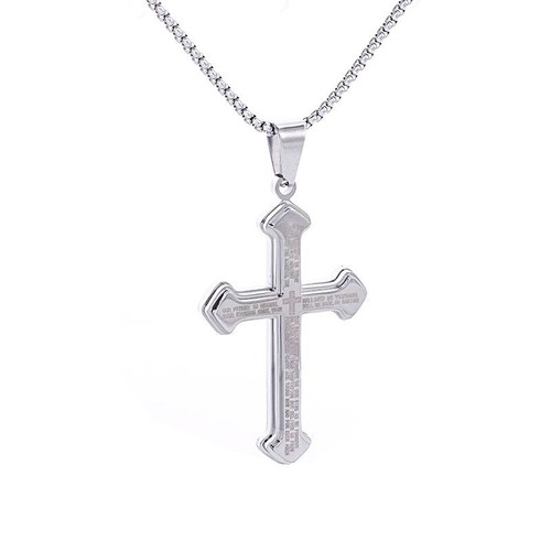 Cross necklace with inscriptions silver stainless steel