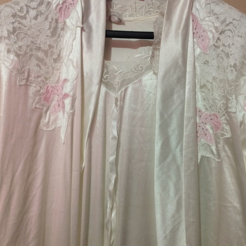 Satin nightgown set with robe like new, white and pink