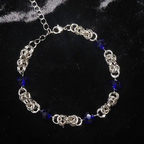 Chainmail bracelet handmade with stainless steel and blue glass beads made to order