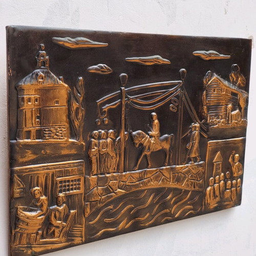 Vintage copper handmade relief wall art used