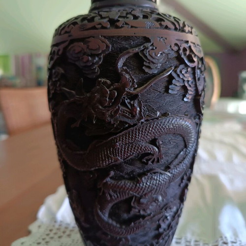 Wooden carved vases like new, solid ebony with dragons and flowers