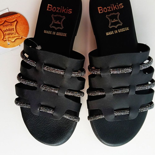 Bozikis Black Leather Sandals with Strass New Size 36