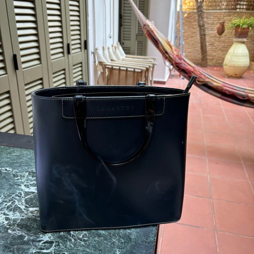 Lamarthe leather women's bag used, blue with transparent handles