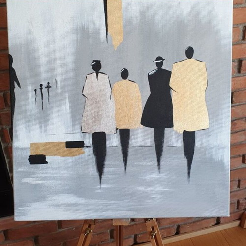 Abstract figurative painting with acrylic and gold leaf, new