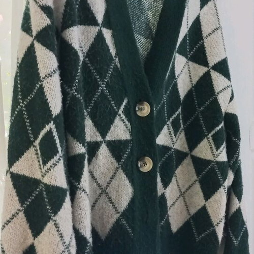 Pull & Bear wool cardigan used, white and green checkered, size S