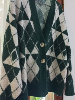 Pull & Bear wool cardigan used, white and green checkered, size S
