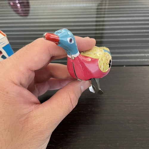 Tin duck vintage toy used with original box, Chinese made