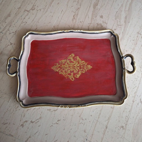 Vintage metal serving tray like new with gold damask motif