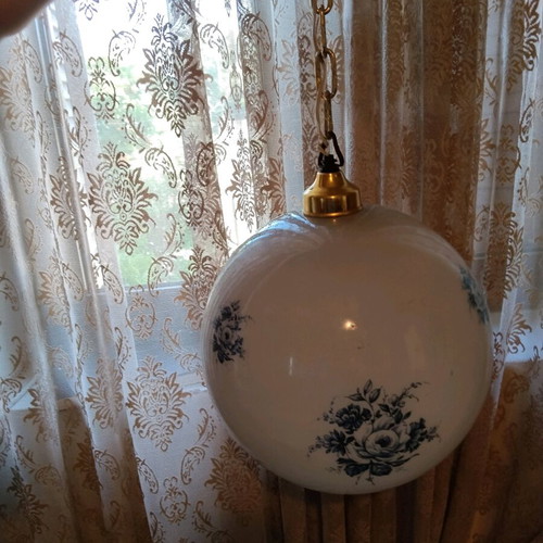Opaline ceiling light vintage with blue flowers used
