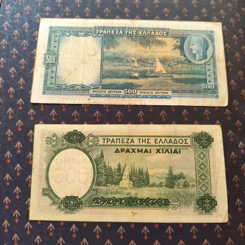Paper money set 500 and 1000 drachmas 1939 used