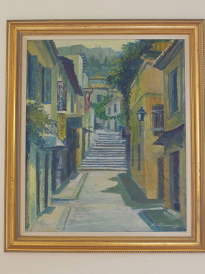 Oil painting like new, Old Athens street in Plaka by Minos Foteinopoulos