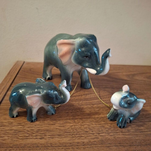 Elephant with 2 Porcelain Baby Elephants Vintage Decorative 1980s