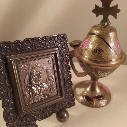 Set of 4 church incense burner brass and ceramic icons like new