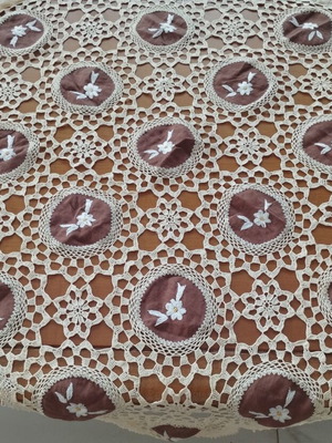 Vintage handmade crochet table linen with brown embroidered motifs, 70x70 cm