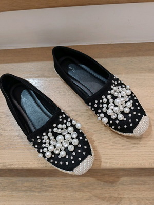 JK London espadrilles used, black suede with pearls and crystals