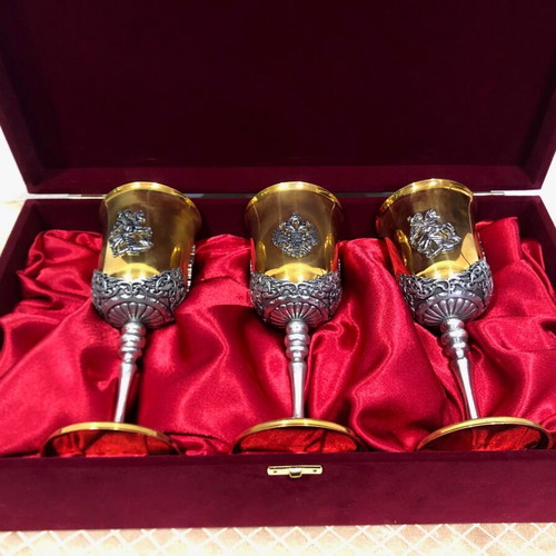 Russian handmade brass wine goblets in velvet case like new