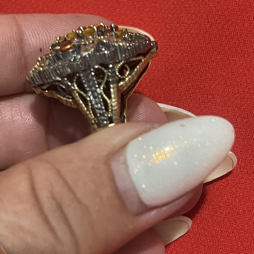 925 silver and 9K gold ring with diamonds and semi-precious stones, size 57