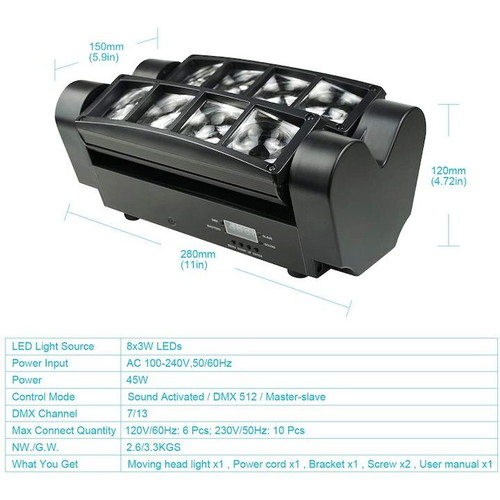 Betopper DJ stage light with moving head, 8x3W RGBW LED, new