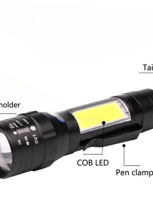 Mini flashlight with LED light, zoom, 3 modes, USB charging and case