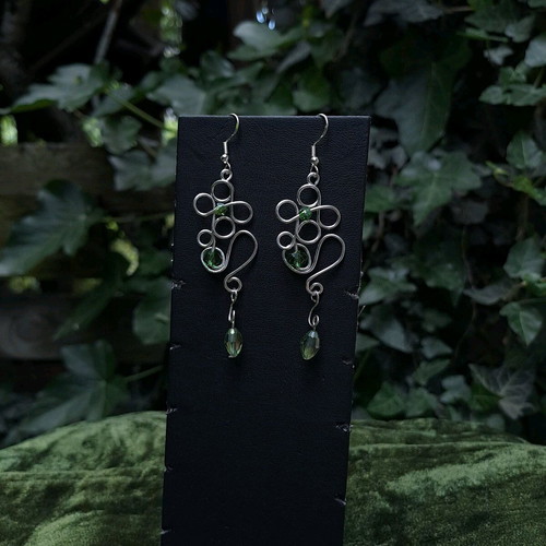 Wire-Worked Botanical Earrings new, silver and green