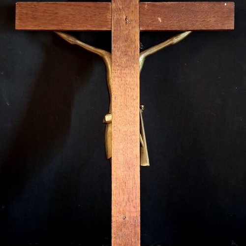 Vintage wall crucifix 60 cm with wooden cross and cast metal body