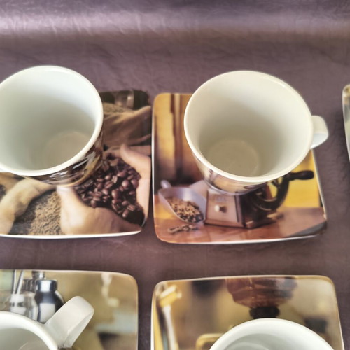 Vintage coffee art espresso cup set with saucers, 6 pieces