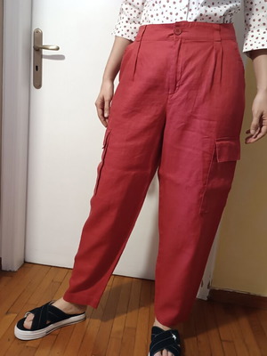 United Colors of Benetton Linen Cargo Pants New Coral Pink