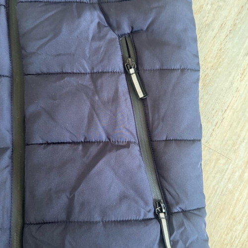 Look At Me sleeveless blue jacket with hood and zipper pockets, used, 12-13Y