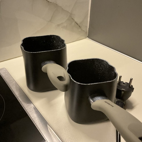 Kitchen accessories set black matte color unused, includes electric coffee pot and non-stick pots