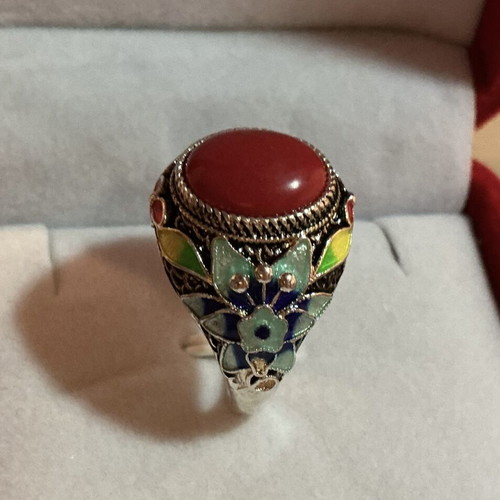 Vintage Tibetan style 925 sterling silver enamel ring with red coral paste cabochon, like new