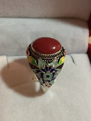 Vintage Tibetan style 925 sterling silver enamel ring with red coral paste cabochon, like new