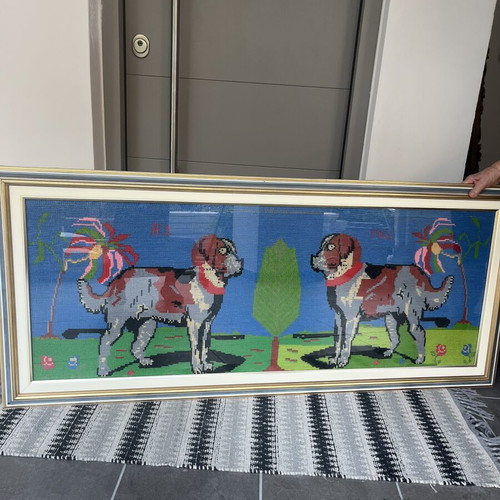 Handmade embroidered framed artwork like new, vintage dogs design