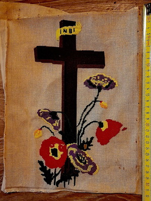 Cross with poppies embroidery 33x29, handmade, vintage