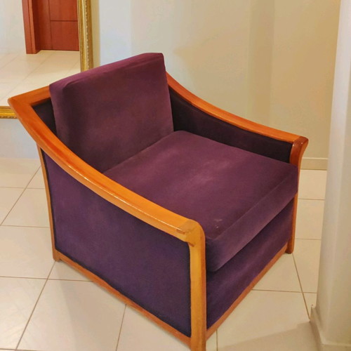 Wooden armchair like new with brown frame and dark purple upholstery