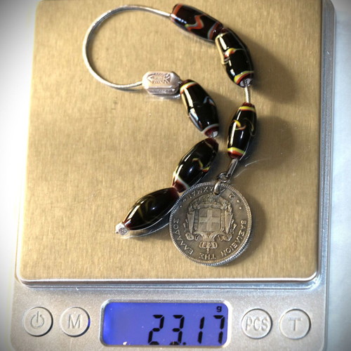 Begleri with 2 Drachma coin King George Murano crystals, silver, handmade