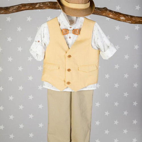 Baptism outfit new with capartina, cotton, straw hat and wooden bow tie