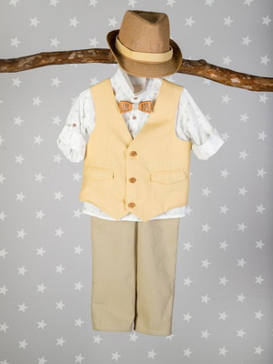 Baptism outfit new with capartina, cotton, straw hat and wooden bow tie