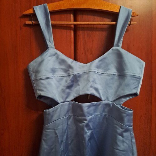 Mind Matter long dress with slit sky blue size small satin new