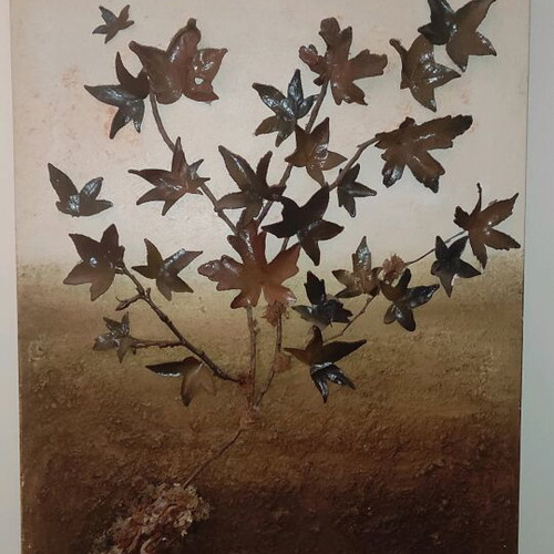Handmade painting like new with leaves and wood
