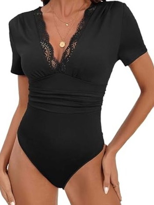 Everbellus women's bodysuit with lace and deep V-neck, black, size S, new