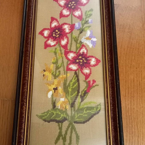 Vintage embroidery framed pictures used, set of 2 pieces