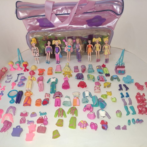 Polly Pocket bag with 9 dolls and accessories used
