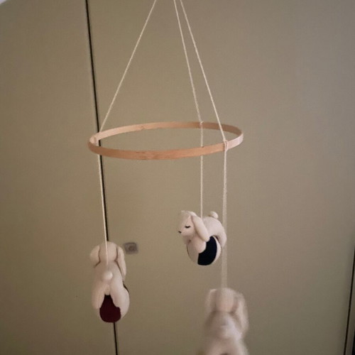 Konges Sløjd crib mobile like new with wooden base and fabric toys