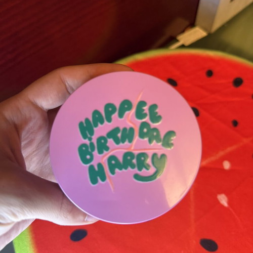 Metal Jewelry Storage Tin Happy Birthday Harry like new, pink multicolor