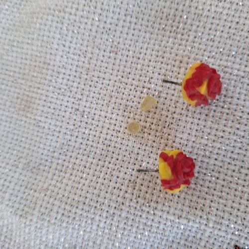 Polymer clay rose earrings custom made, two-tone